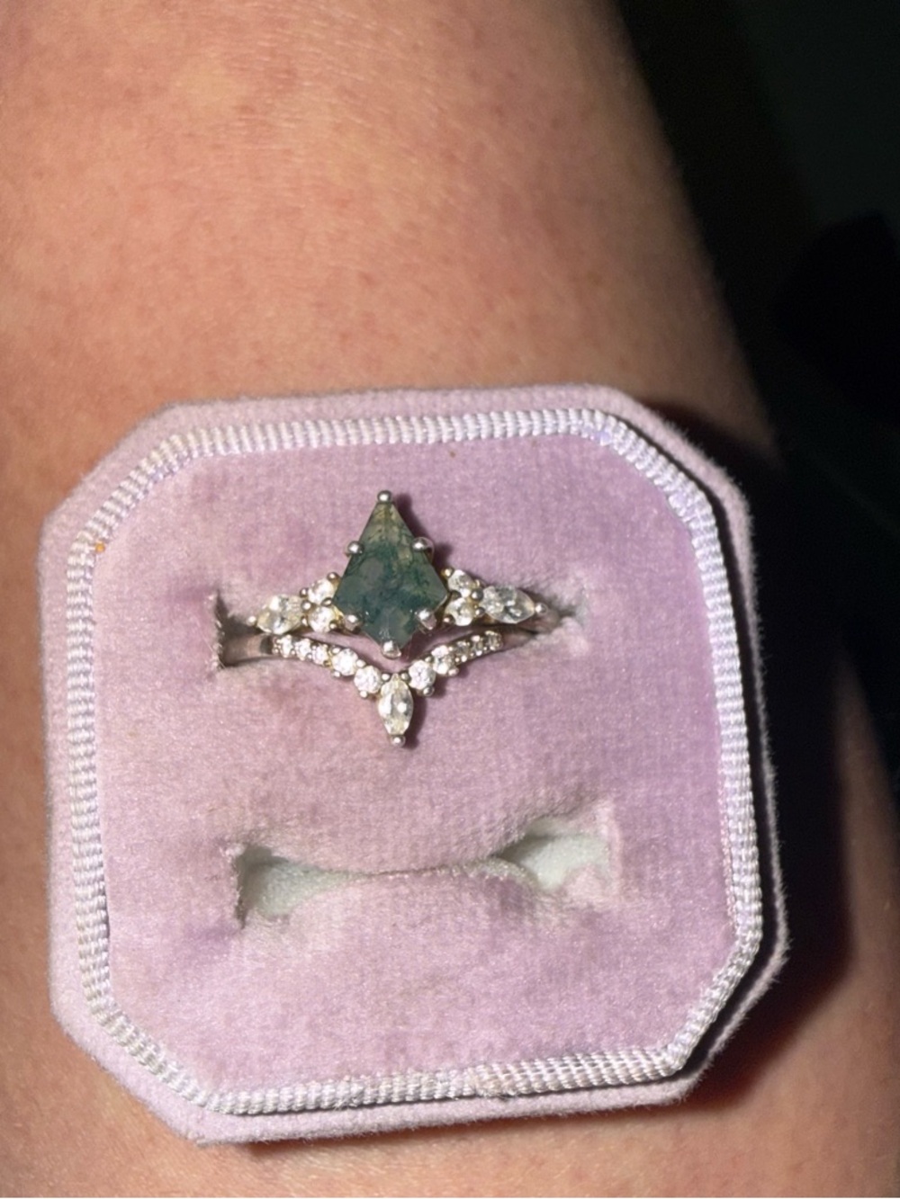 Moss Agate Engagement Ring and Wedding Band Set